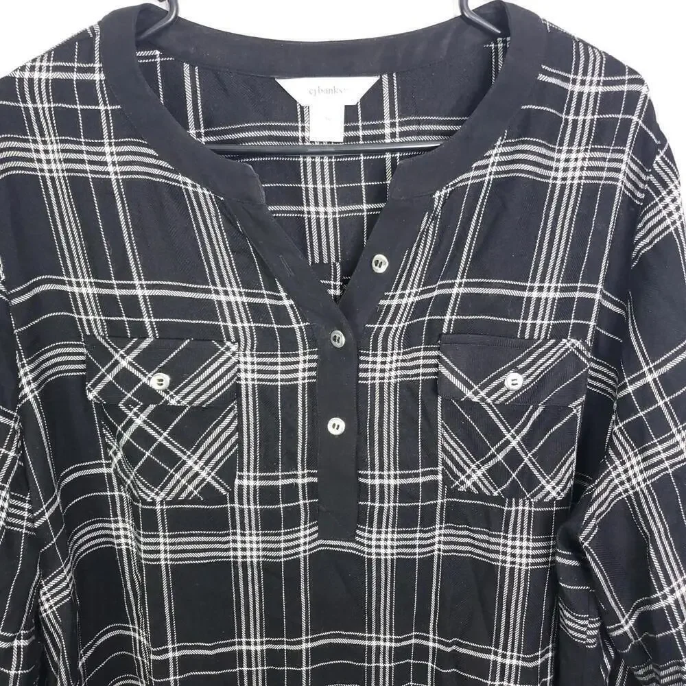 CJ Banks Top Womens 1X Popover Tunic Plaid Flap Pockets Y Collar Quarter Button